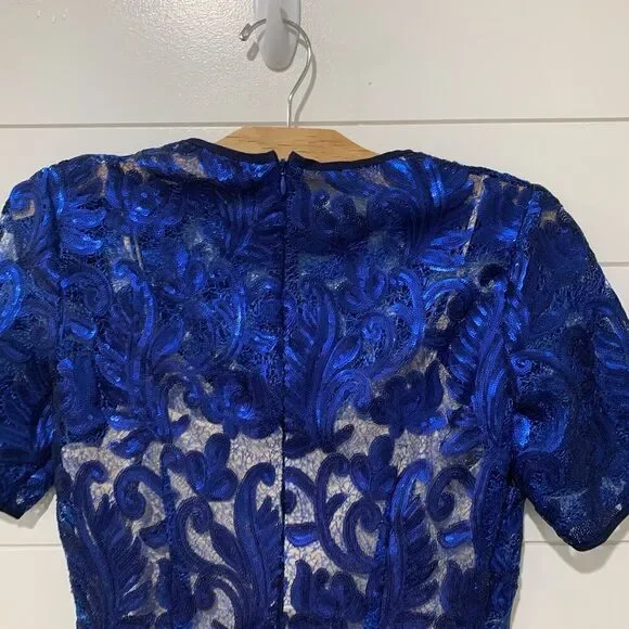 Belle Badgley Mischka | Dress Gloria Blue Sequin Short Sleeve Knee Length NWT- 8 - Picture 5 of 10